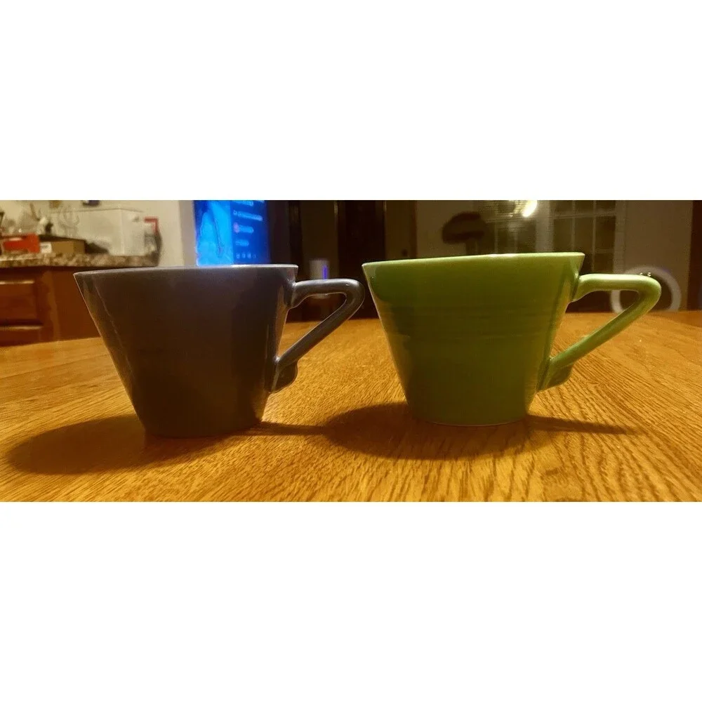 2 Vintage Homer Laughlin Harlequin Tea Coffee Cups Blue & Medium Green